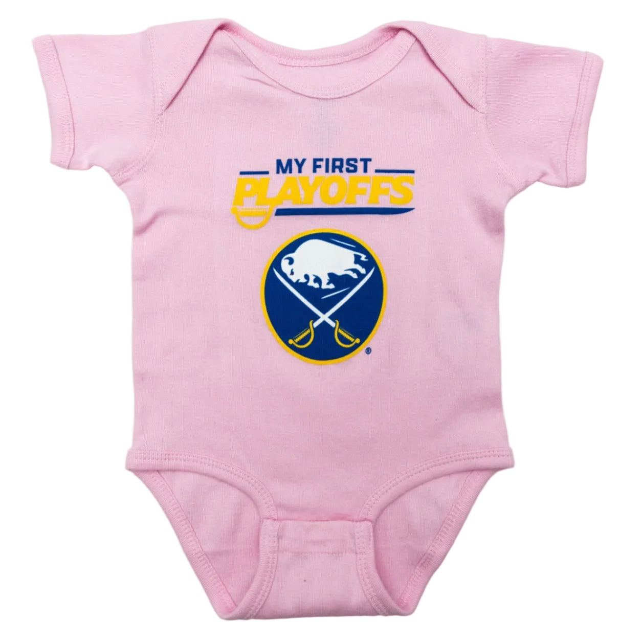 Pink baby onesie with sports team logo and text on a white background