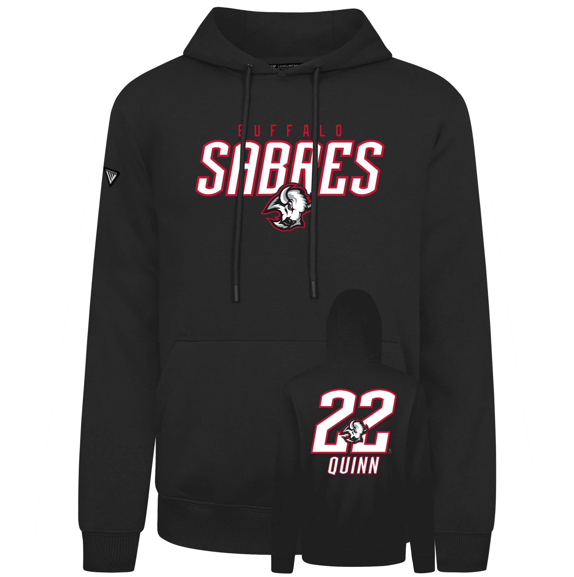 Black hoodie with 'Buffalo Sabres' and number '22 Quinn' design on a white background
