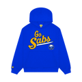 Blue hoodie with 'Go Sabs' text and logo on a white background