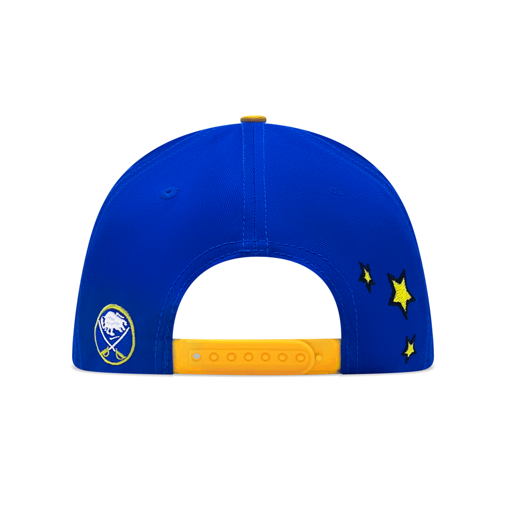 Blue cap with yellow accents and star designs on a white background