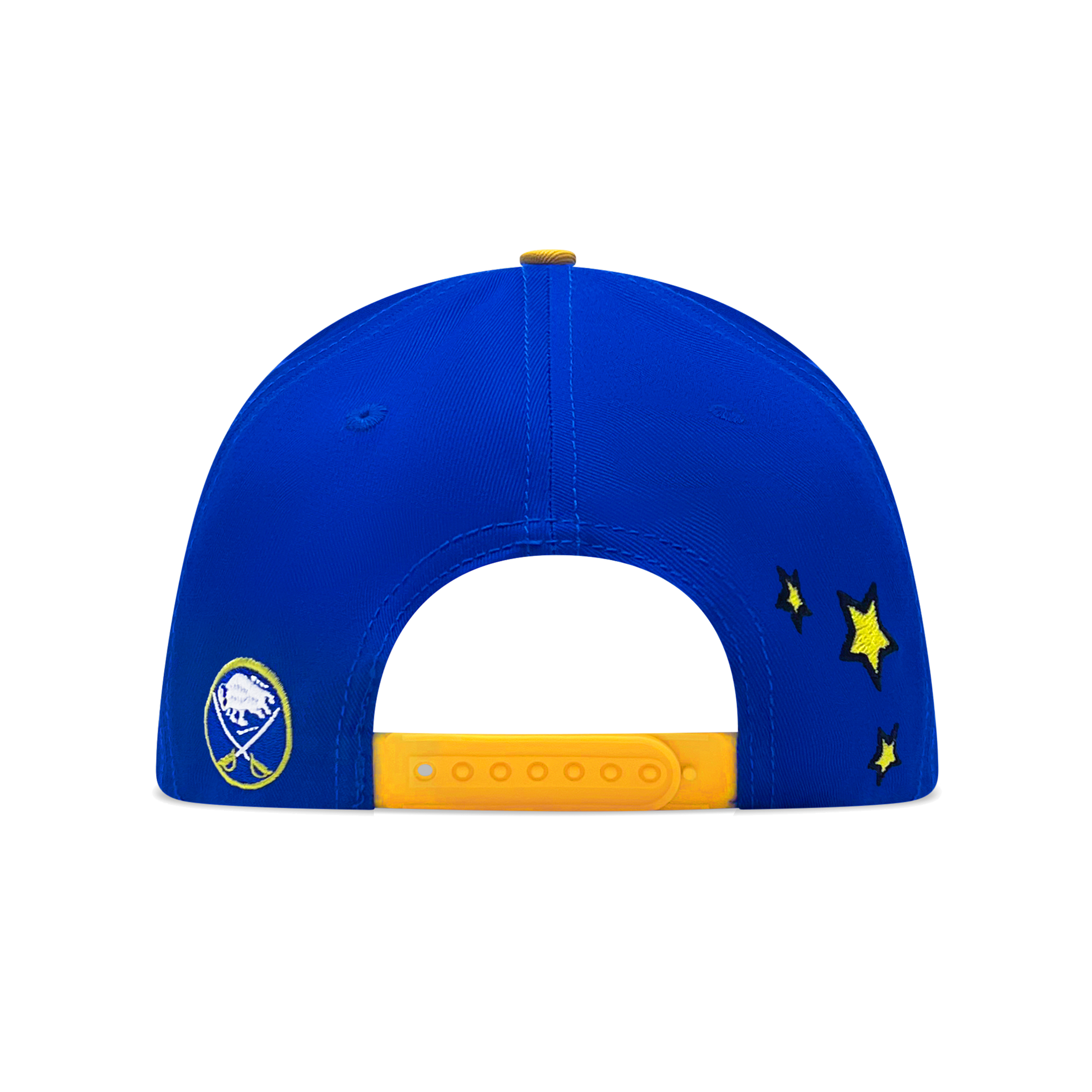 Blue cap with yellow accents and star designs on a white background