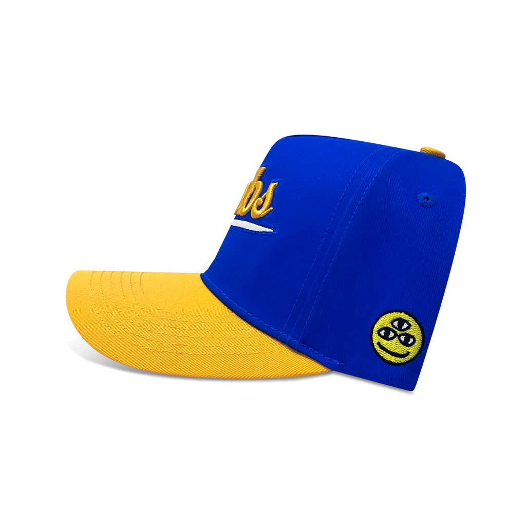 Blue and yellow cap with a 'dishin' logo on a blue background