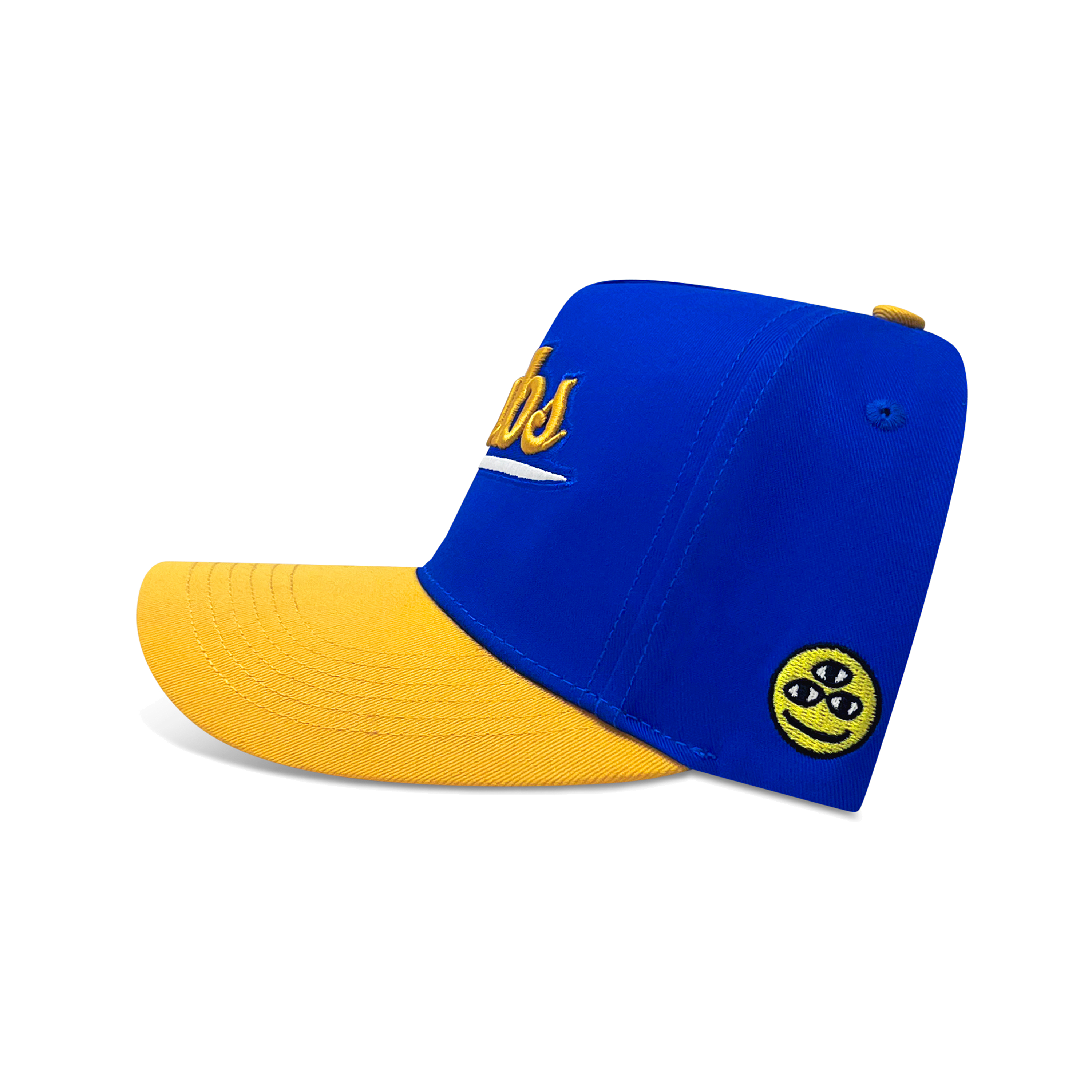 Blue and yellow cap with a 'dishin' logo on a blue background