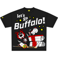 A black short-sleeve graphic T-shirt on a white background. The shirt features a cartoon tiger mascot in hockey gear with the text 'let's go Buffalo!' in white and yellow stars.