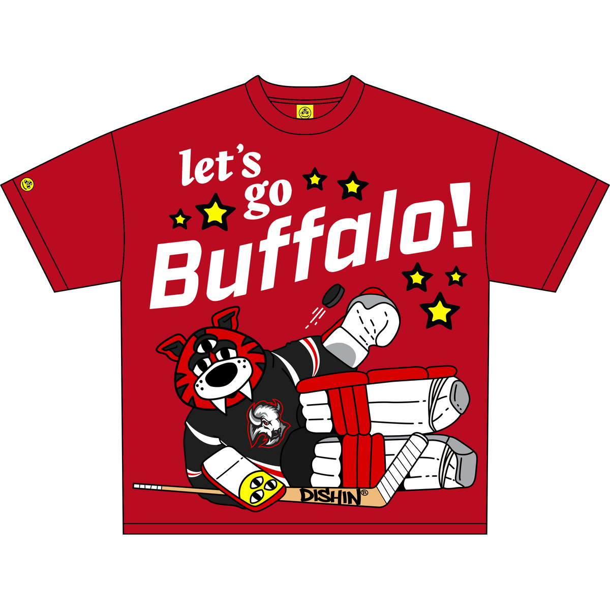 A red short-sleeve graphic T-shirt on a white background. The shirt features the text 'let's go Buffalo!' in white and yellow, along with a cartoon tiger mascot in a hockey uniform holding a stick with 'DISHIN' written on it.
