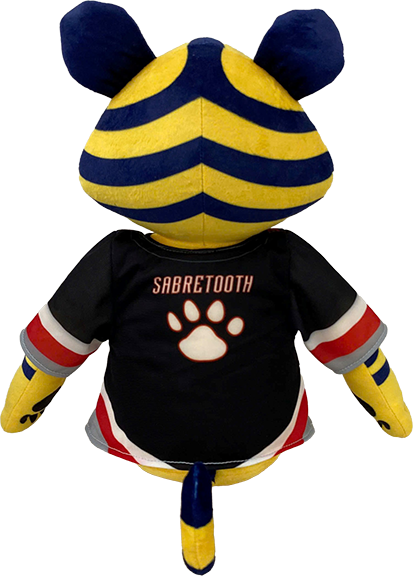 A plush toy character shown from the back, wearing a black jersey with 'SABRETOOTH' and a paw print, featuring yellow and navy blue striped ears and body, with red, white, and gray sleeve accents.