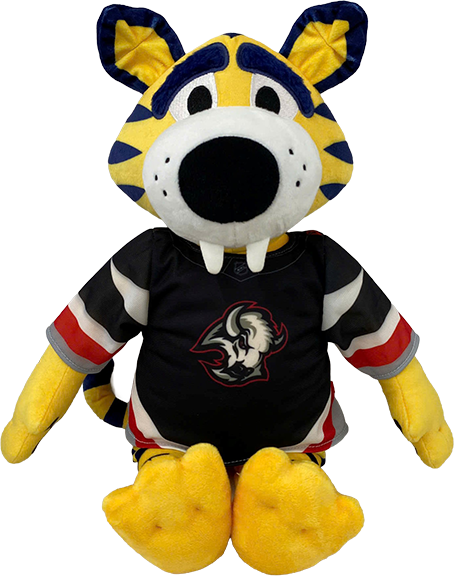 A plush mascot toy shaped like a tiger wearing a black hockey-style jersey with yellow, white, and red accents, photographed on a plain white background.