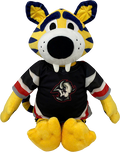A plush mascot toy shaped like a tiger wearing a black hockey-style jersey with yellow, white, and red accents, photographed on a plain white background.