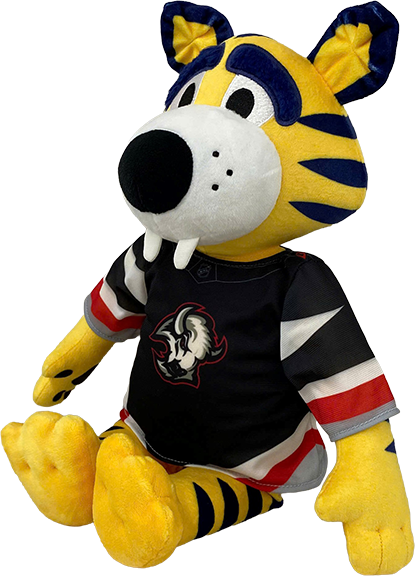 A plush tiger mascot doll wearing a black hockey jersey with red, white, and gray accents, photographed against a plain white background.