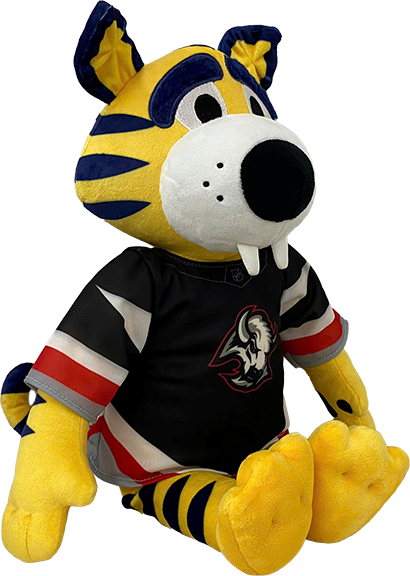A yellow tiger mascot plush toy wearing a black, red, and white hockey jersey with a Buffalo Sabres logo, isolated on a white background.