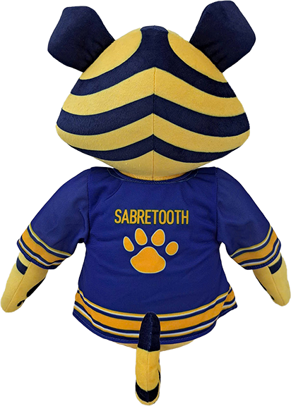 A plush toy or stuffed animal shaped like a tiger wearing a blue and yellow striped jersey with the word SABRETOOTH and a paw print on the back, shown against a plain white background.