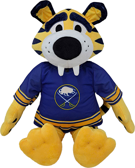 A Buffalo Sabres mascot plush toy wearing a blue and yellow hockey jersey, isolated on a white background.