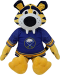 A Buffalo Sabres mascot plush toy wearing a blue and yellow hockey jersey, isolated on a white background.