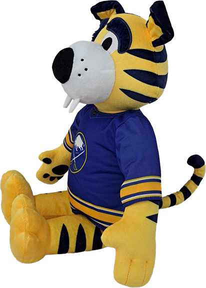 A yellow and navy blue tiger mascot plush toy wearing a blue hockey jersey with the Buffalo Sabres logo, set against a plain white background.