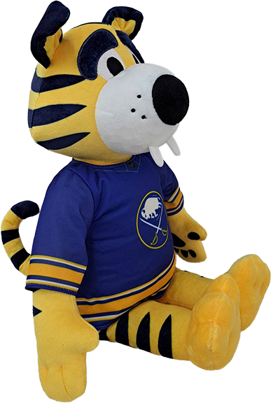 A yellow and navy blue tiger mascot plush toy wearing a blue hockey jersey with a buffalo logo, isolated on a white background.