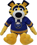 A plush tiger mascot doll wearing a blue hockey jersey with yellow and navy stripes, photographed against a plain white background.