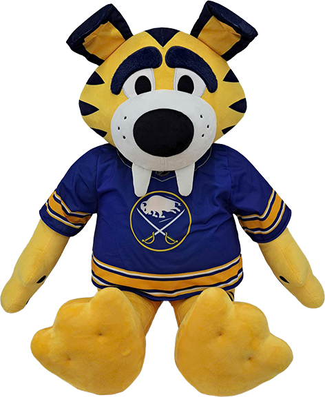 A plush tiger mascot doll wearing a blue hockey jersey with yellow and navy stripes, photographed against a plain white background.