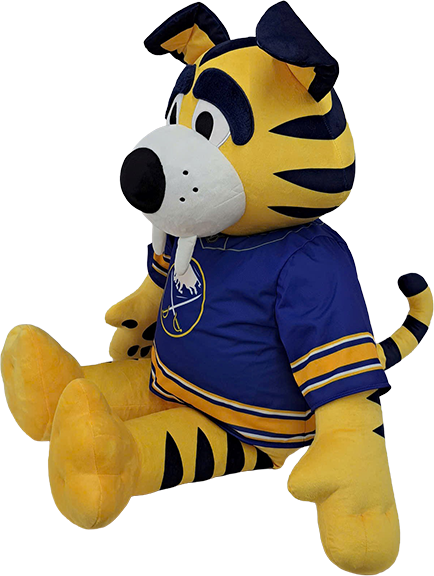 A yellow and navy blue tiger mascot plush doll wearing a blue hockey jersey with a white bear logo, isolated on a white background.