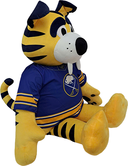 A yellow and navy blue tiger mascot plush toy wearing a blue hockey jersey with a buffalo logo, isolated on a white background.