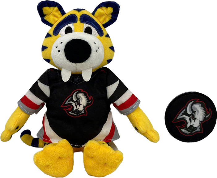 A plush mascot toy with yellow, black, white, and blue coloring, wearing a black hockey-style jersey with a Buffalo Sabres alternate logo, shown alongside a matching circular black patch or disc on a plain white background.