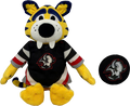 A plush mascot toy with yellow, black, white, and blue coloring, wearing a black hockey-style jersey with a Buffalo Sabres alternate logo, shown alongside a matching circular black patch or disc on a plain white background.