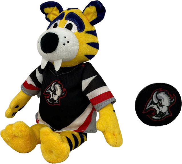 A yellow tiger mascot plush toy wearing a black, white, and red sports jersey, shown seated next to a matching round pin-back button on a plain white background.