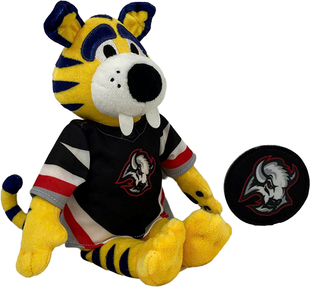 A yellow and blue tiger mascot plush toy wearing a black, white, and red hockey jersey, shown with a matching circular patch featuring a wolf logo on a plain white background.
