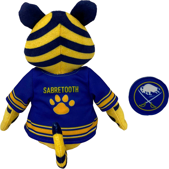 A Buffalo Sabres plush toy shown from the back, wearing a blue and yellow hockey jersey with 'SABRETOOTH' and a paw print, alongside a circular team logo patch.