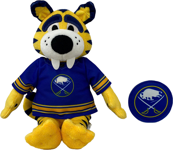 A yellow and blue Buffalo Sabres mascot plush toy wearing a hockey jersey, shown with a matching round patch on a plain white background.
