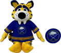A yellow and blue Buffalo Sabres mascot plush toy wearing a hockey jersey, shown with a matching round patch on a plain white background.