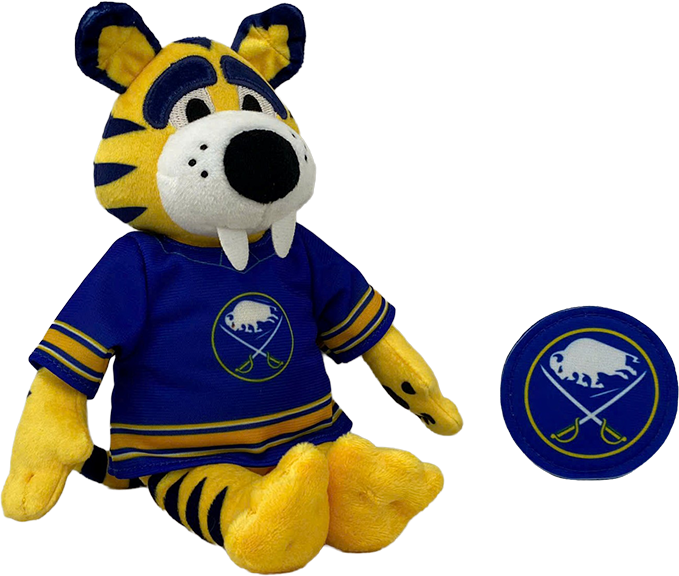 A yellow and navy blue Buffalo Sabres mascot plush toy wearing a team jersey, shown next to a matching round pin or patch on a plain white background.