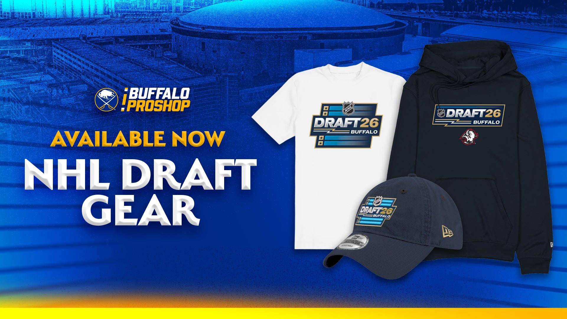 NHL Draft gear including a t-shirt, hoodie, and cap with 'Buffalo Pro Shop' branding on a blue background.