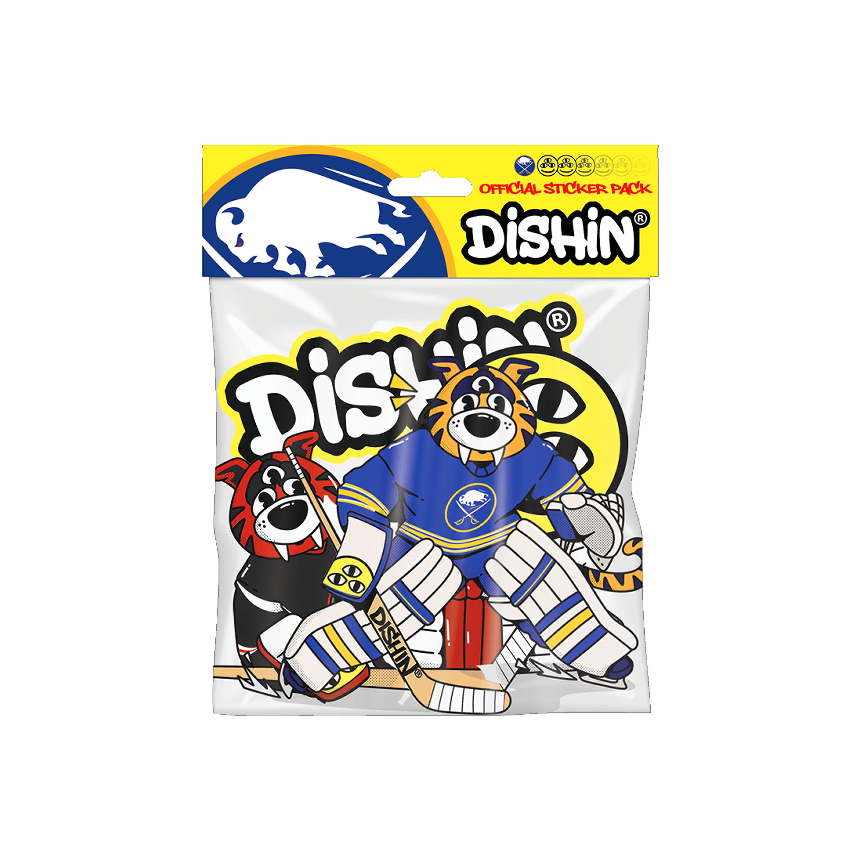 Packaged sticker pack with 'Dishin' branding featuring cartoon characters and a logo.