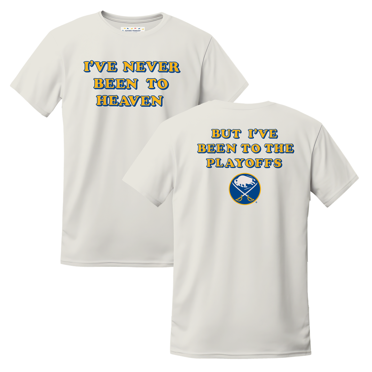 White t-shirt with humorous text and sports team logo on a white background