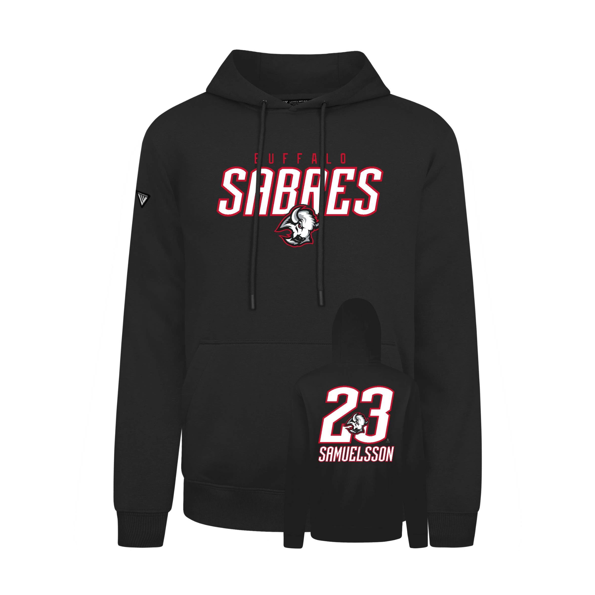 Black hoodie with 'Buffalo Sabres' and number '23' design on a white background