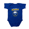 Blue baby onesie with 'My First Playoffs' text and logo on a white background