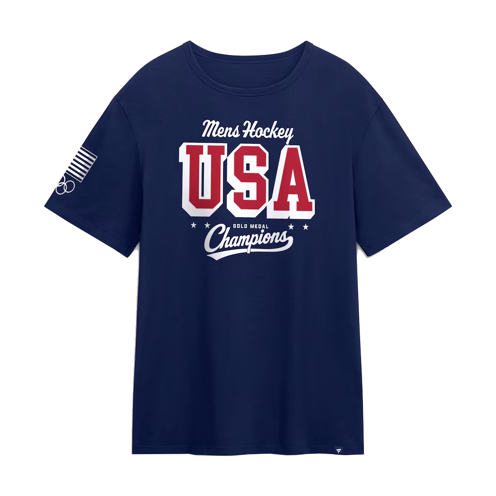 Navy blue t-shirt with 'Mens Hockey USA Gold Medal Champions' text on a white background