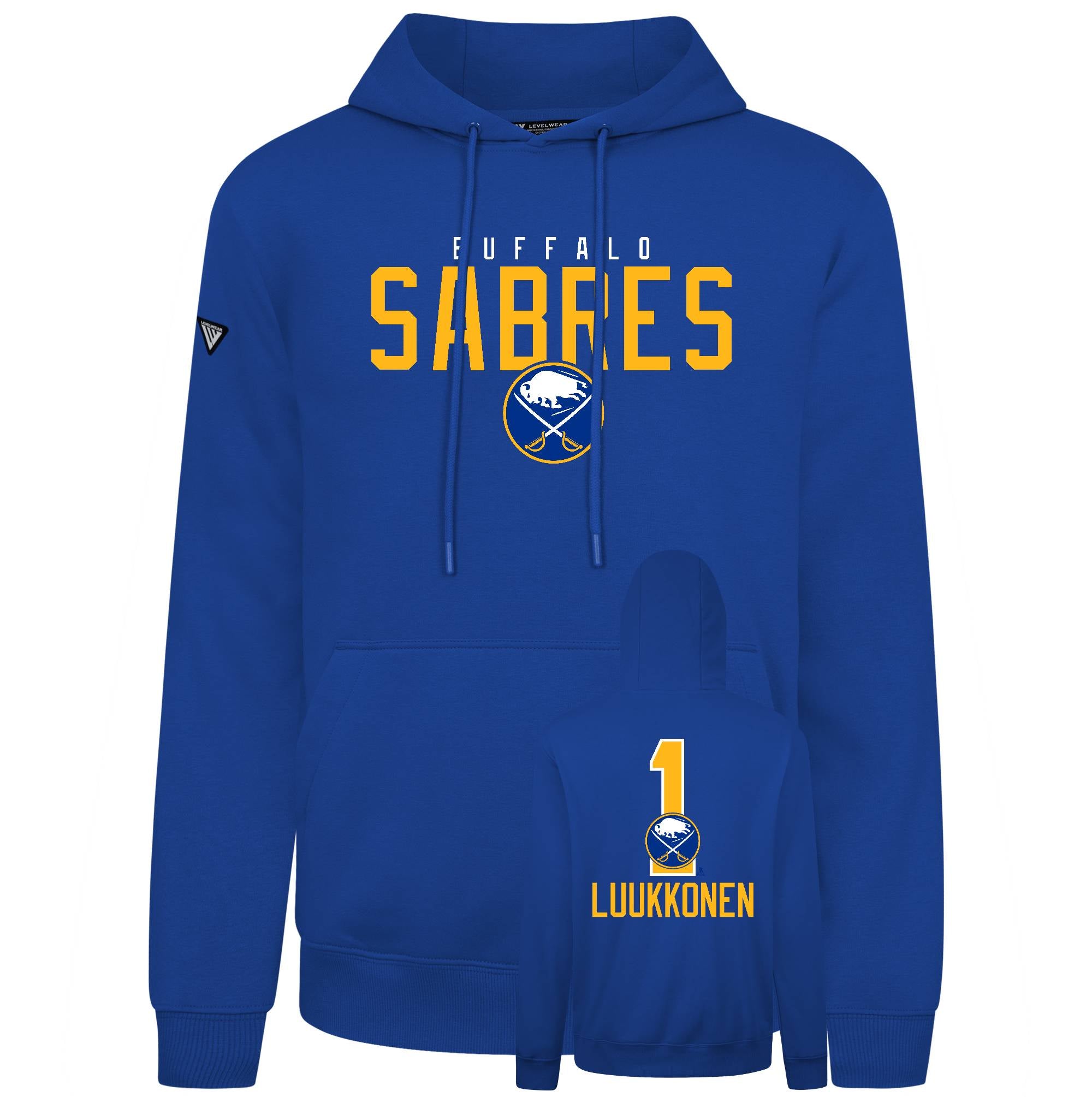 Blue hoodie with 'Buffalo Sabres' text and logo on a white background