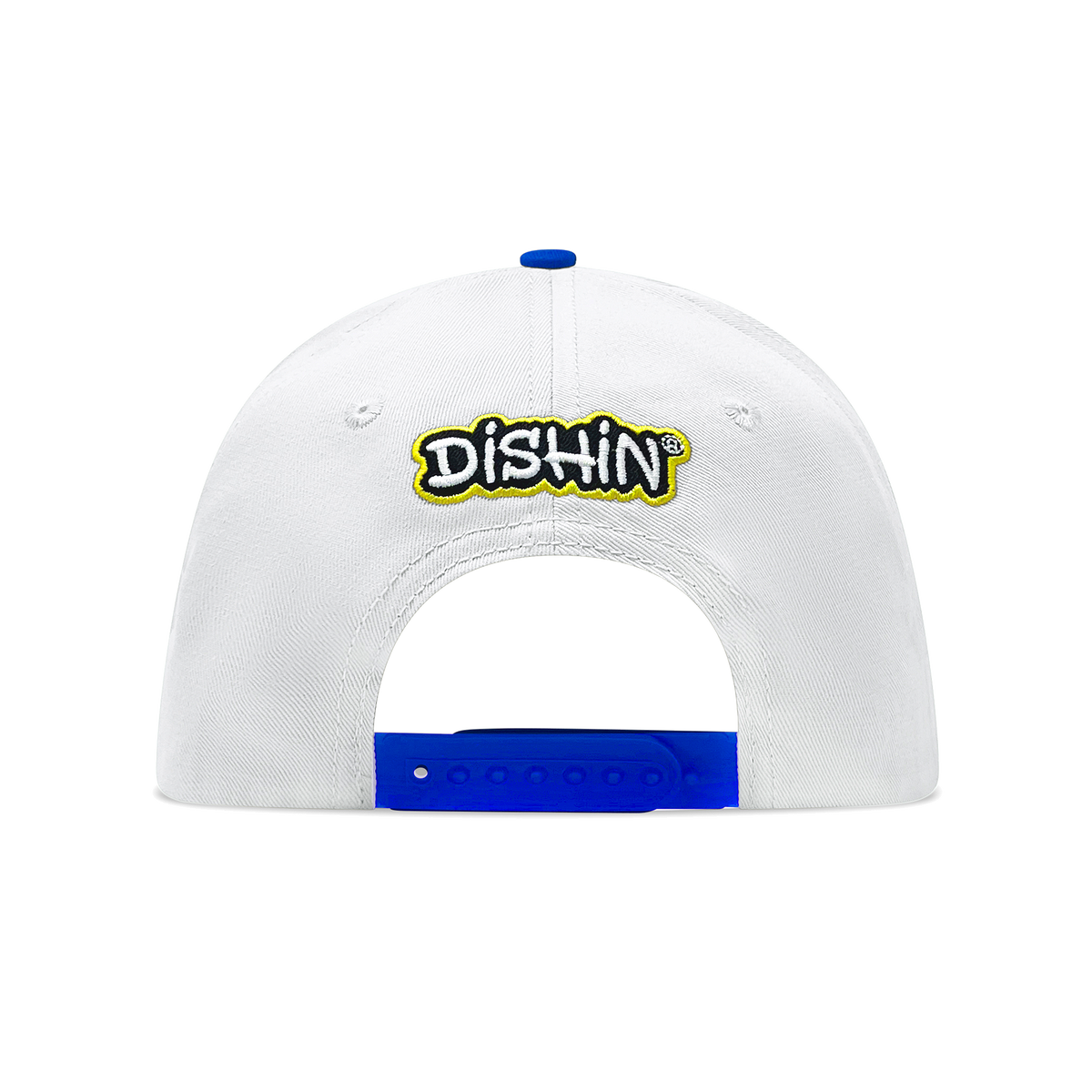 White cap back with 'Dishin' logo on a white background