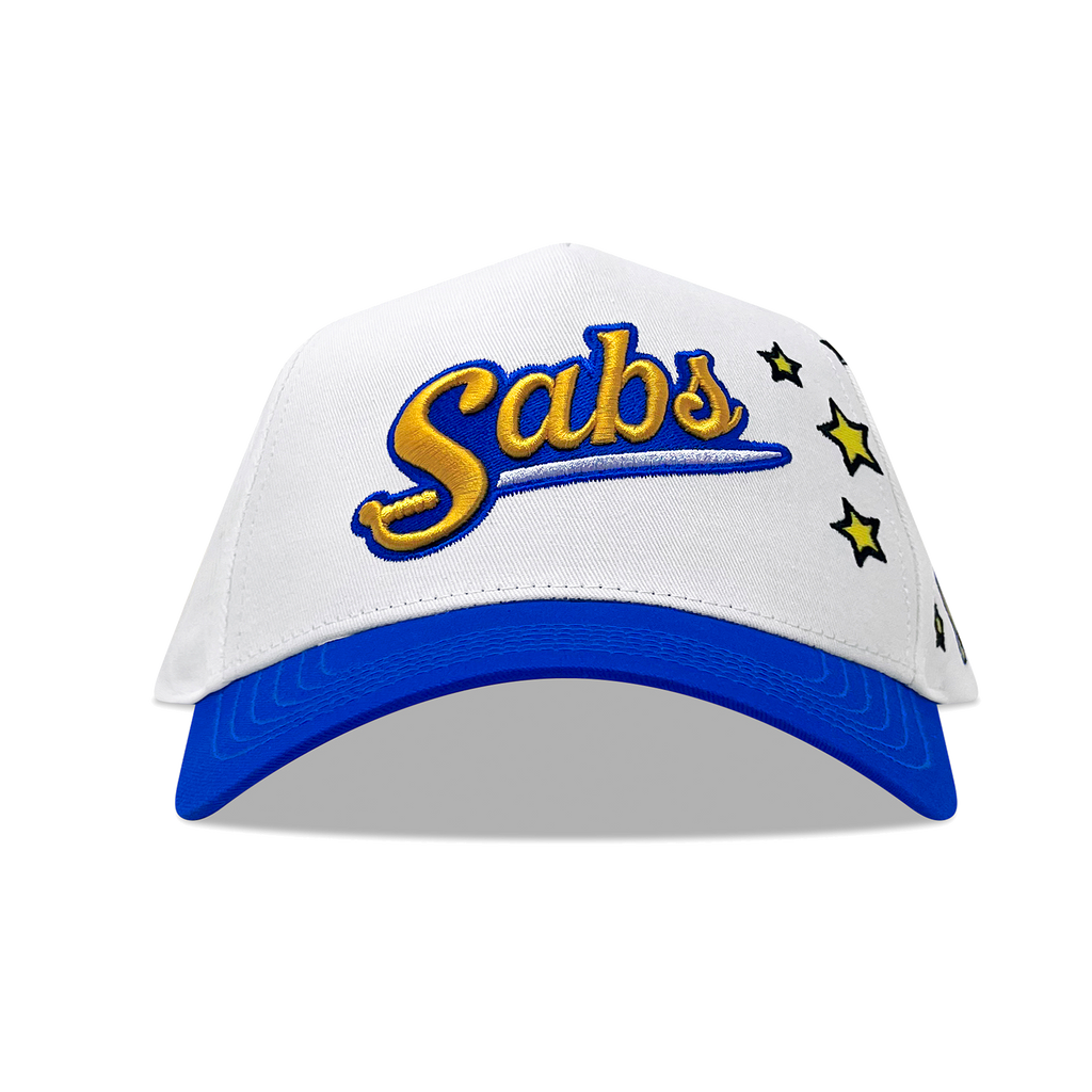 White visor cap with 'Sabs' logo and blue brim on a white background