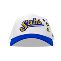 White visor cap with 'Sabs' logo and blue brim on a white background
