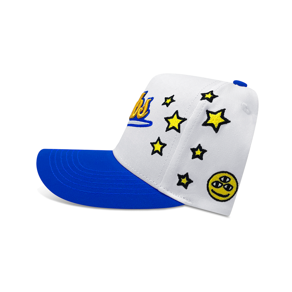 White cap with blue visor and star patterns on a white background