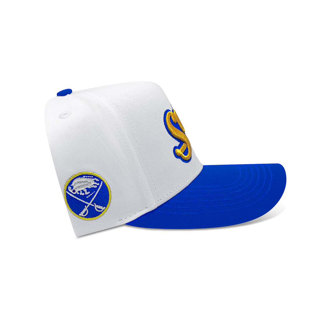 side view of white and blue cap with logos on a white background