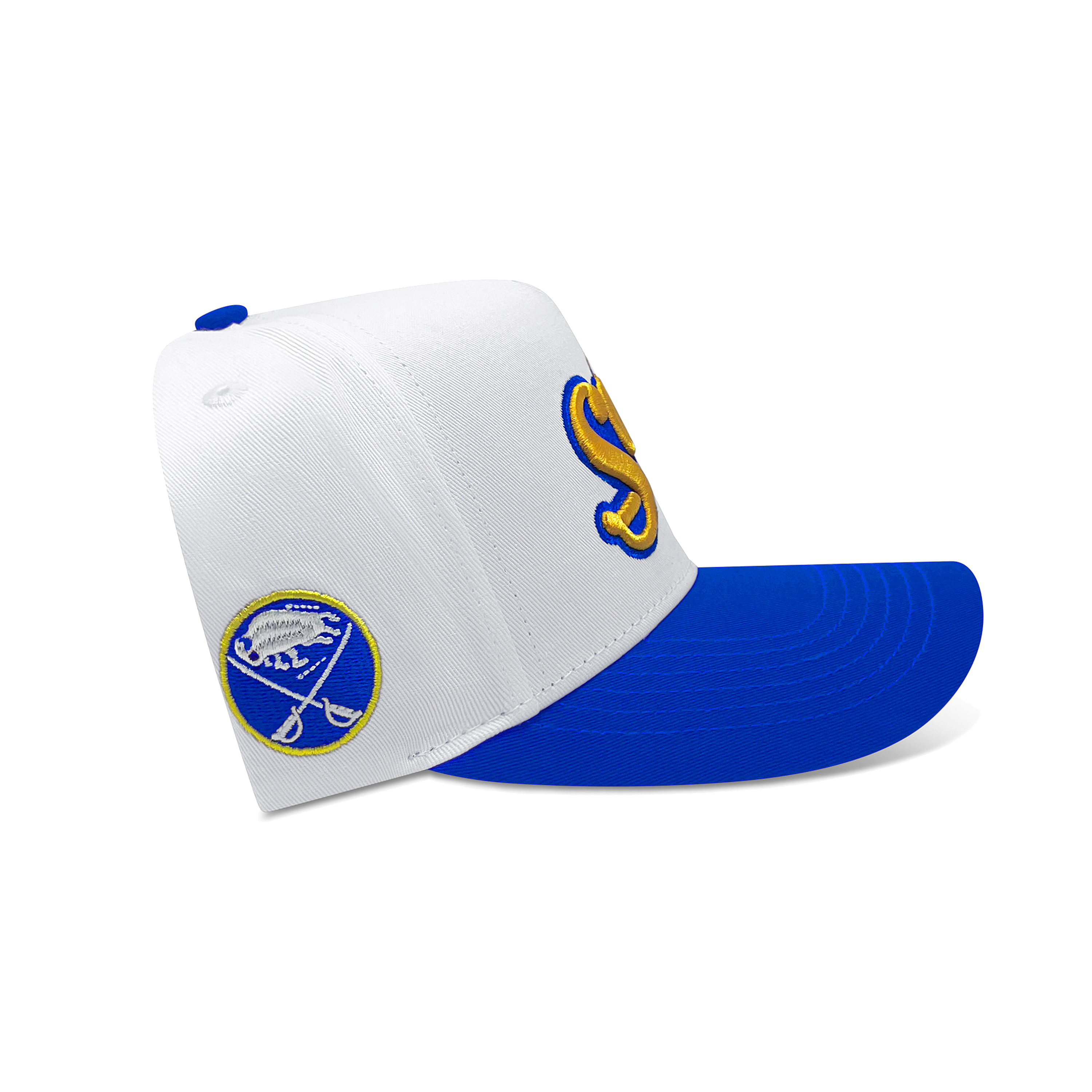 side view of white and blue cap with logos on a white background