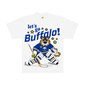White t-shirt with 'let's go Buffalo!' text and sabretooth mascot hockey-themed graphic on a white background