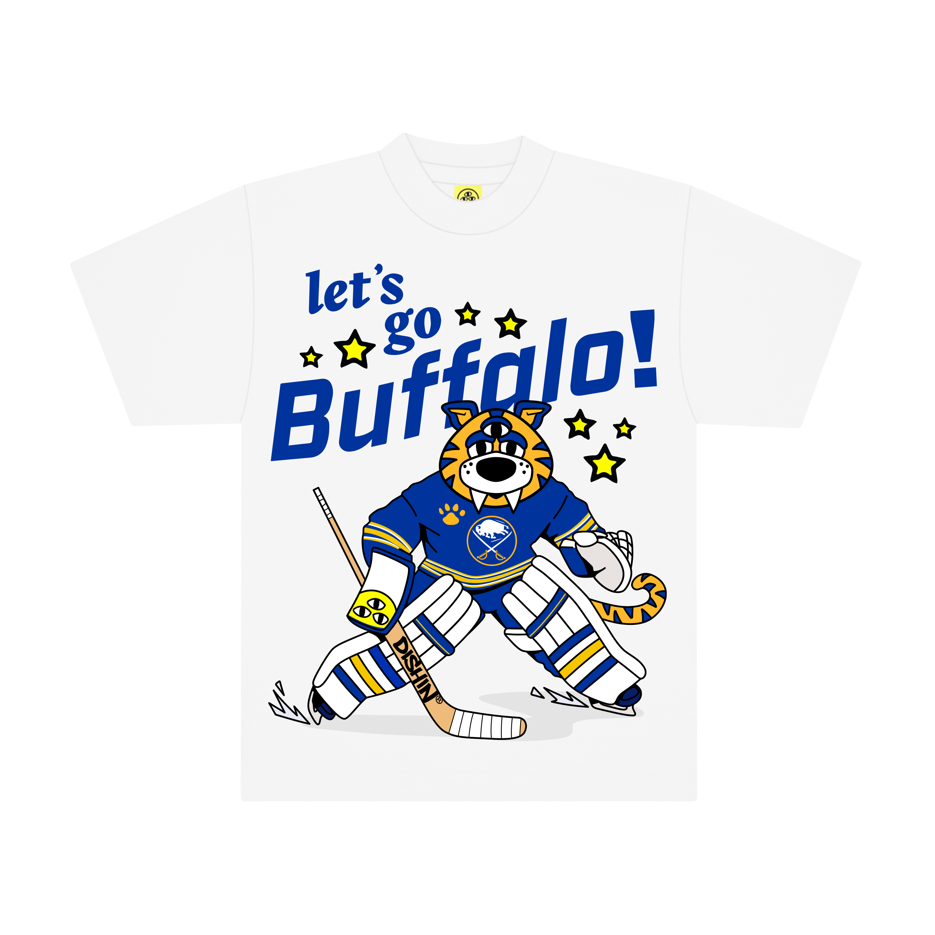 White t-shirt with 'let's go Buffalo!' text and sabretooth mascot hockey-themed graphic on a white background