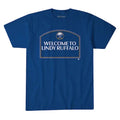 Blue t-shirt with 'Welcome to Lindy Ruffalo' text and logo on a white background