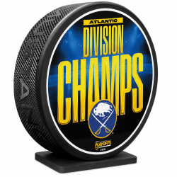 Puck with 'Atlantic Division Champs' text and Buffalo Sabres logo on a white background