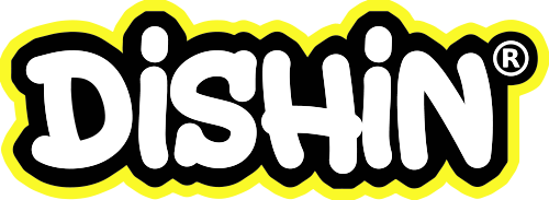 Dishin logo with black text on a yellow background