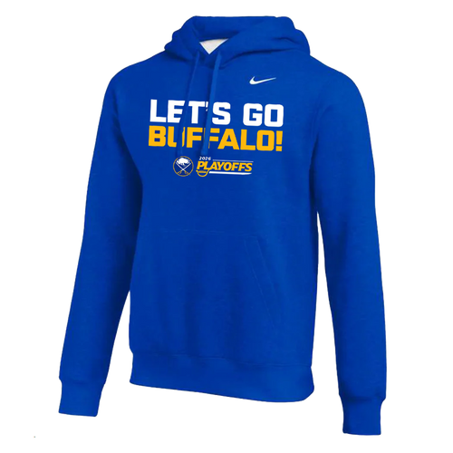 Nike Blue hoodie with 'Let's Go Buffalo!' text and Buffalo Sabres 2026 Playoffs team logo